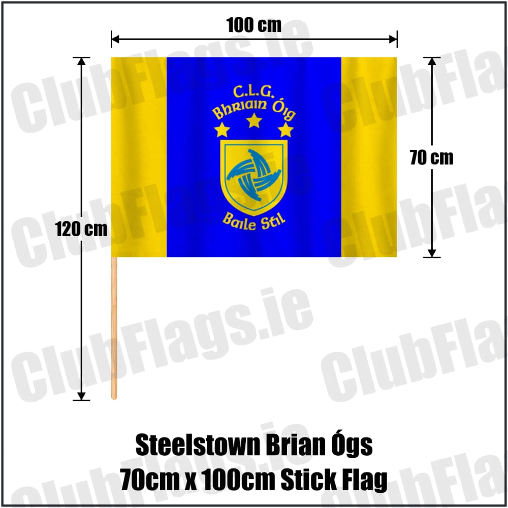Steelstown Brian Ógs 70cm x 100cm Stick Flag in blue and gold, featuring the club crest on realistic fabric with gentle vertical folds; County Derry GAA. ClubFlags.ie.
