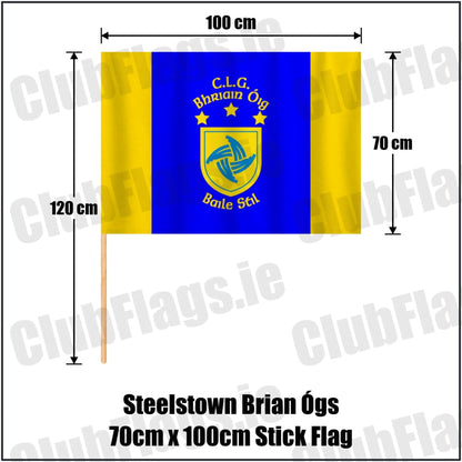 Steelstown Brian Ógs 70cm x 100cm Stick Flag in blue and gold, featuring the club crest on realistic fabric with gentle vertical folds; County Derry GAA. ClubFlags.ie.