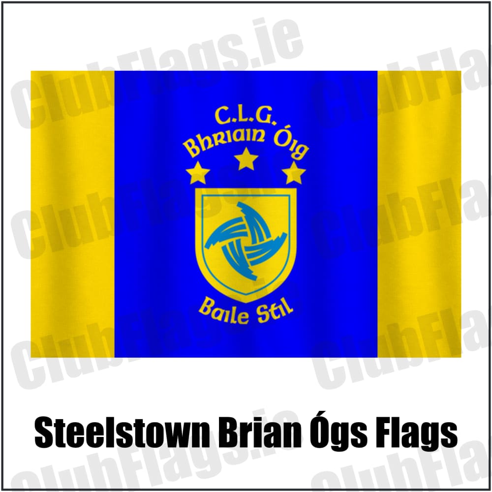 Steelstown Brian Ógs Flags in blue and gold, featuring the club crest on realistic fabric with gentle vertical folds; County Derry GAA. ClubFlags.ie.