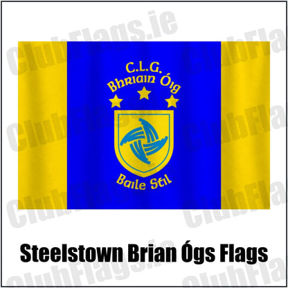 Steelstown Brian Ógs Flags in blue and gold, featuring the club crest on realistic fabric with gentle vertical folds; County Derry GAA. ClubFlags.ie.