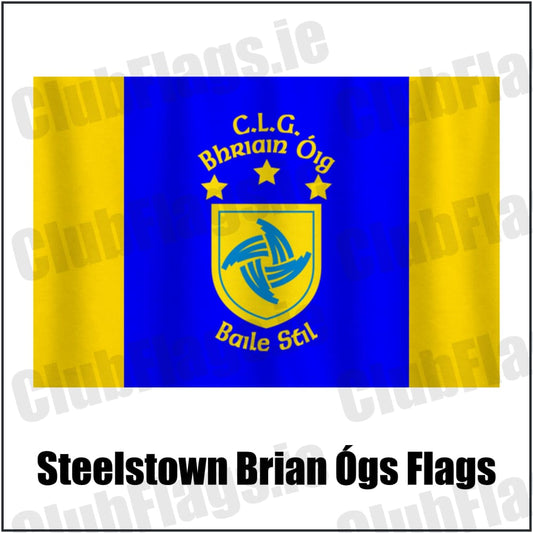 Steelstown Brian Ógs Flags in blue and gold, featuring the club crest on realistic fabric with gentle vertical folds; County Derry GAA. ClubFlags.ie.