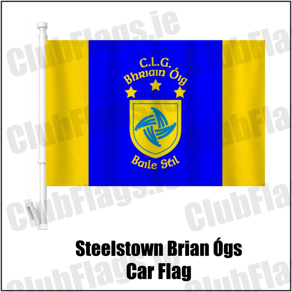 Steelstown Brian Ógs Car Flag in blue and gold, featuring the club crest on realistic fabric with gentle vertical folds; County Derry GAA. ClubFlags.ie.