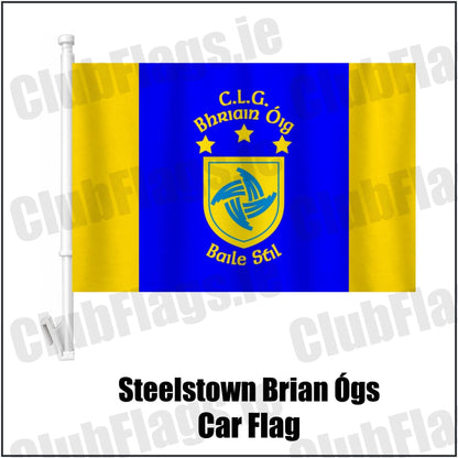 Steelstown Brian Ógs Car Flag in blue and gold, featuring the club crest on realistic fabric with gentle vertical folds; County Derry GAA. ClubFlags.ie.