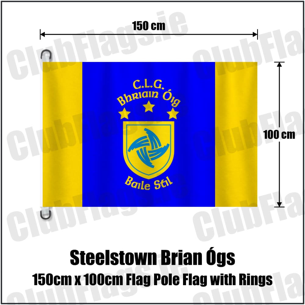 Steelstown Brian Ógs 150cm x 100cm Flag Pole Flag with Rings in blue and gold, featuring the club crest on realistic fabric with gentle vertical folds; County Derry GAA. ClubFlags.ie.