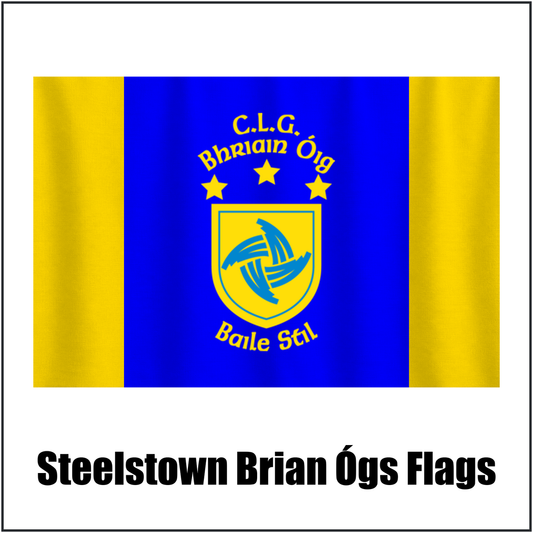 Steelstown Brian Ógs Flags, featuring the club crest and blue and gold colours; County Derry GAA. ClubFlags.ie.