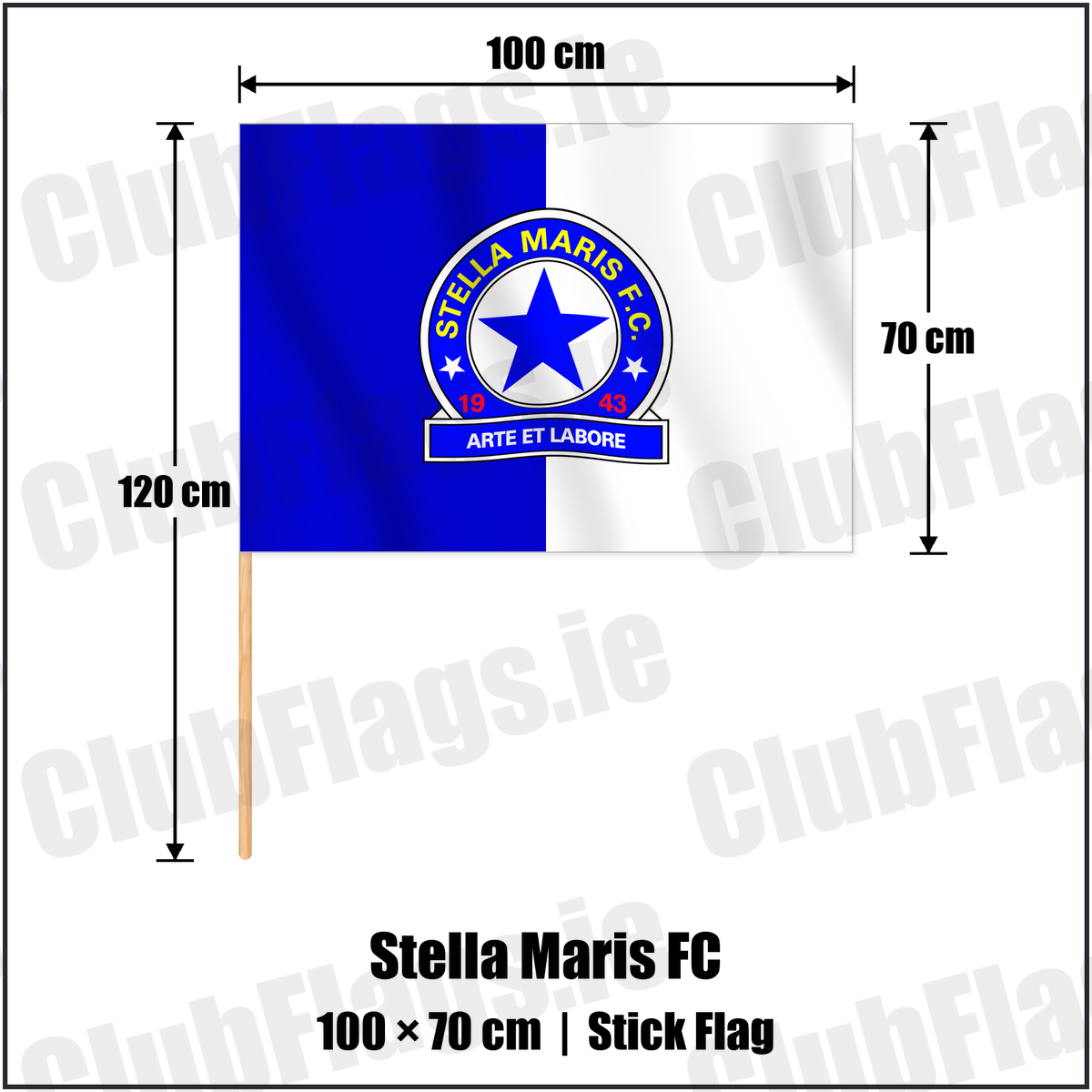 Stella Maris FC 70cm x 100cm Stick Flag with the verified club crest and colours, Dublin Football - ClubFlags.ie
