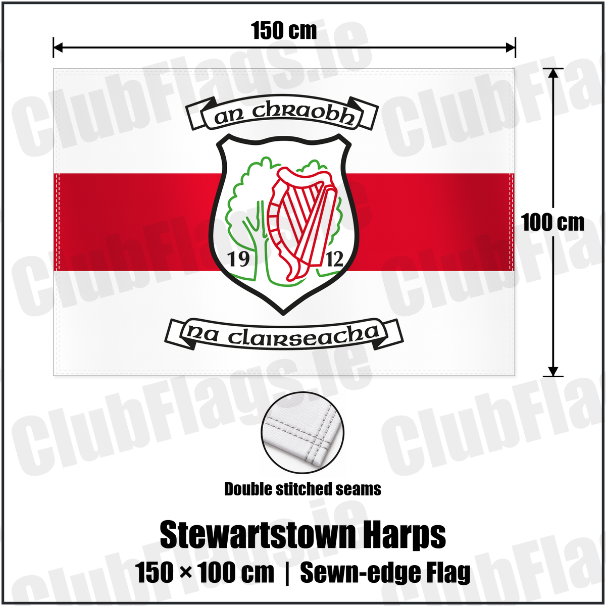 Stewartstown Harps 100cm x 150cm Flag (sewn on the edges) with the club crest and colours, Tyrone GAA - ClubFlags.ie