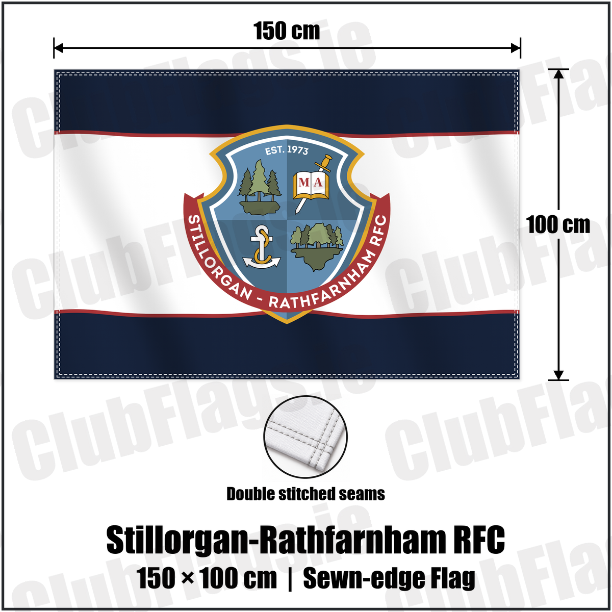 Stillorgan-Rathfarnham RFC 100cm x 150cm Flag (sewn on the edges) with the club crest and colours, Dublin Rugby - ClubFlags.ie