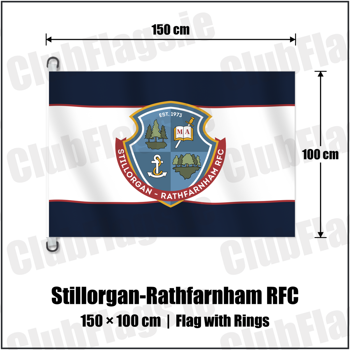 Stillorgan-Rathfarnham RFC 150cm x 100cm Flag Pole Flag with Rings with the club crest and colours, Dublin Rugby - ClubFlags.ie