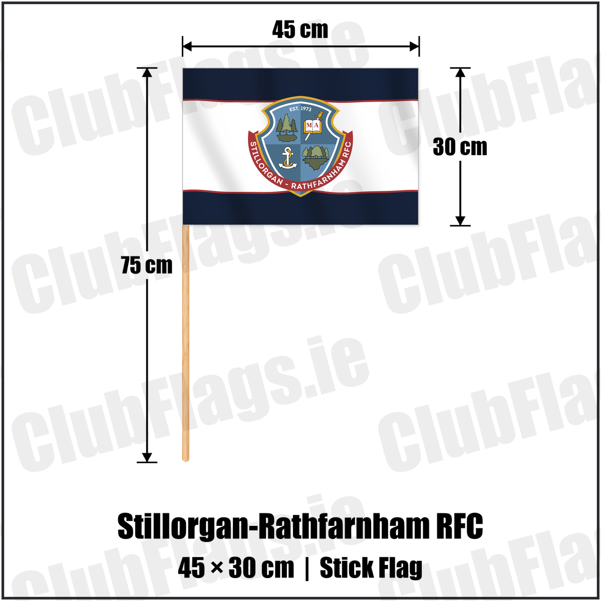 Stillorgan-Rathfarnham RFC 30cm x 45cm Stick Flag with the club crest and colours, Dublin Rugby - ClubFlags.ie