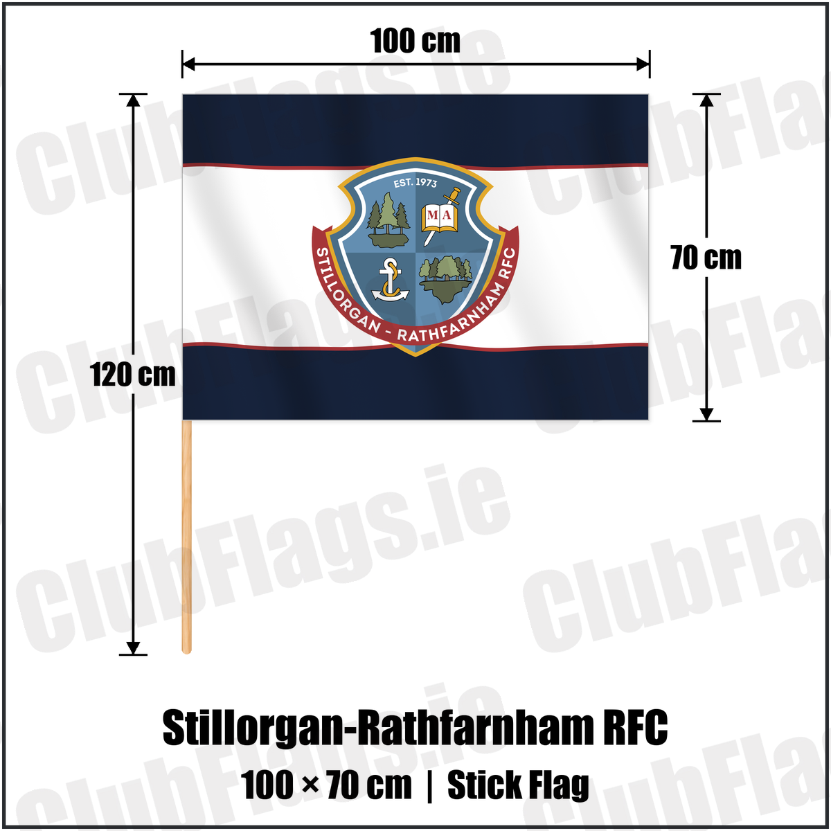 Stillorgan-Rathfarnham RFC 70cm x 100cm Stick Flag with the club crest and colours, Dublin Rugby - ClubFlags.ie
