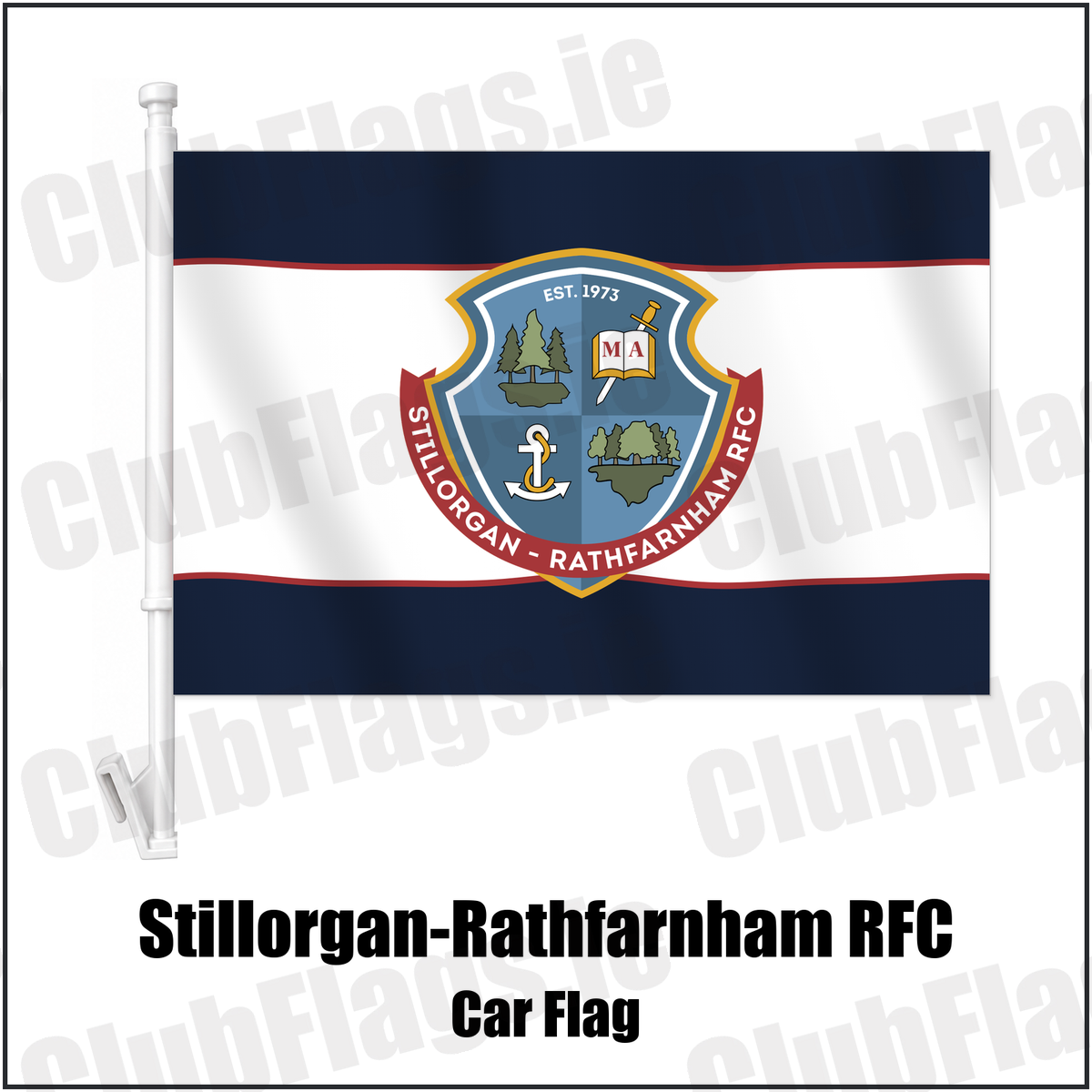 Stillorgan-Rathfarnham RFC Car Flag with the club crest and colours, Dublin Rugby - ClubFlags.ie