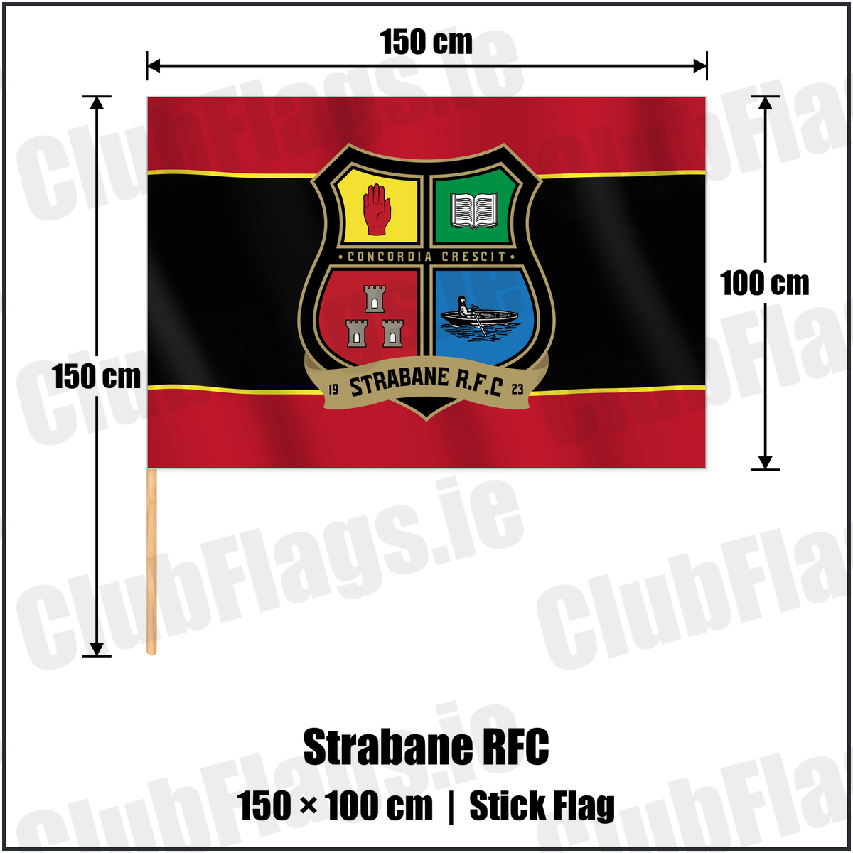 Strabane RFC 100cm x 150cm Stick Flag with the club crest and colours, Tyrone Rugby - ClubFlags.ie