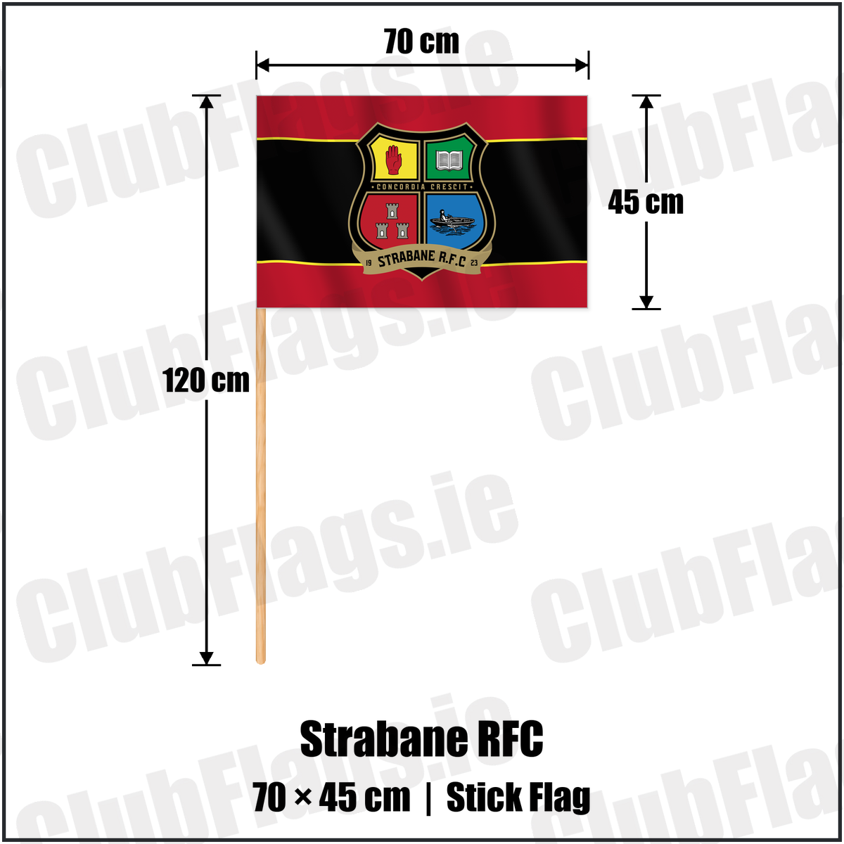 Strabane RFC 45cm x 70cm Stick Flag with the club crest and colours, Tyrone Rugby - ClubFlags.ie