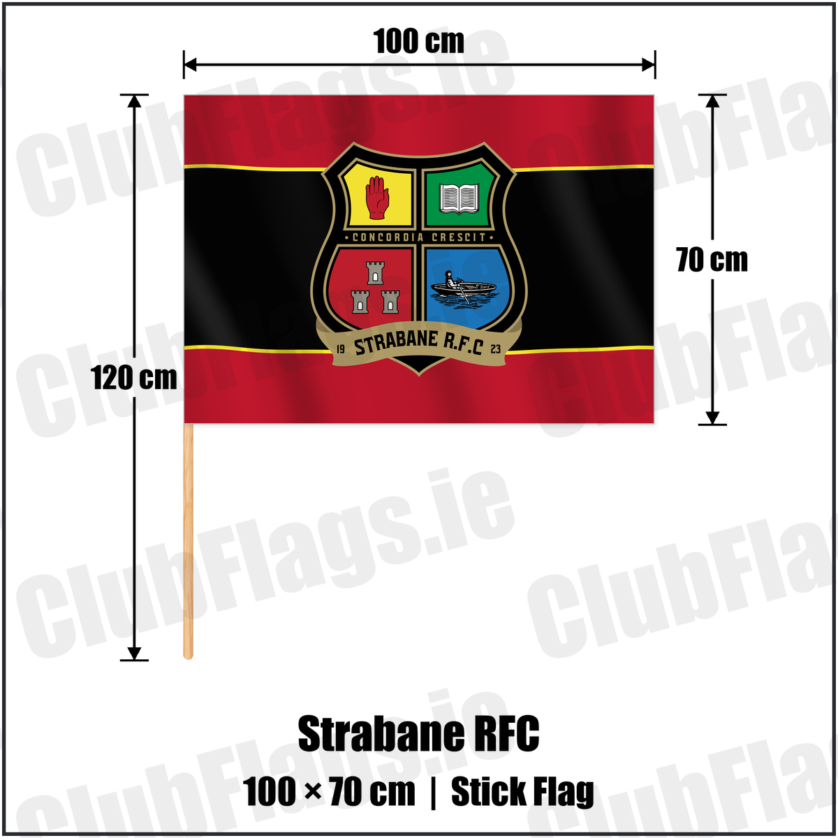 Strabane RFC 70cm x 100cm Stick Flag with the club crest and colours, Tyrone Rugby - ClubFlags.ie
