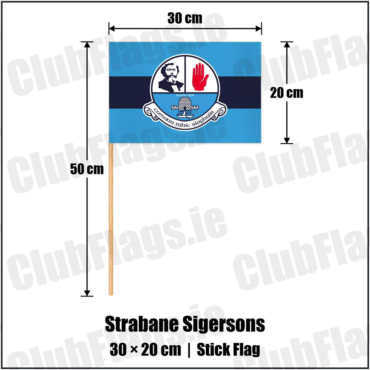 Strabane Sigersons 20cm x 30cm Stick Flag with the club crest and colours, Tyrone GAA - ClubFlags.ie