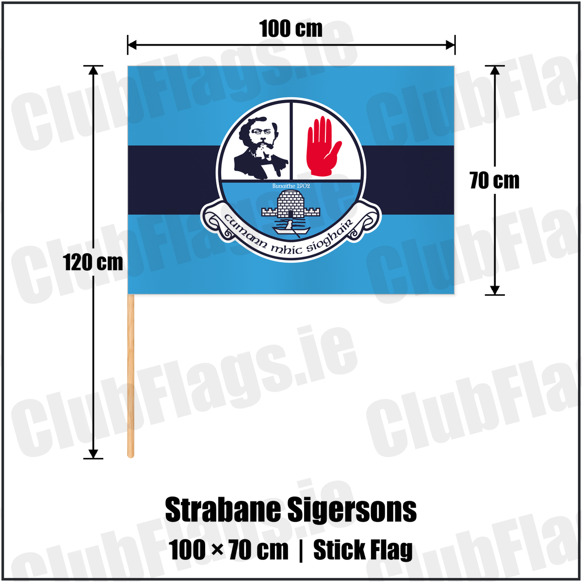 Strabane Sigersons 70cm x 100cm Stick Flag with the club crest and colours, Tyrone GAA - ClubFlags.ie