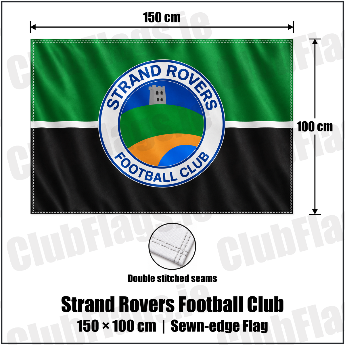 Strand Rovers Football Club 100cm x 150cm Flag (sewn on the edges) with the club crest and colours, Donegal Football - ClubFlags.ie