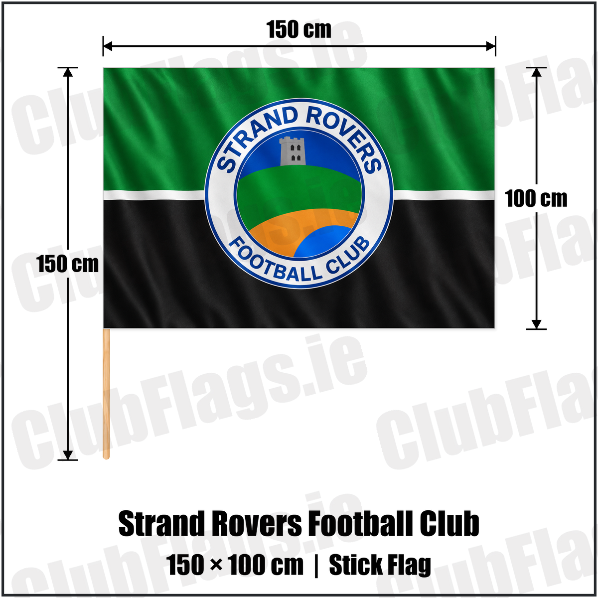Strand Rovers Football Club 100cm x 150cm Stick Flag with the club crest and colours, Donegal Football - ClubFlags.ie