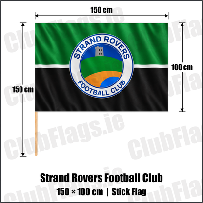 Strand Rovers Football Club 100cm x 150cm Stick Flag with the club crest and colours, Donegal Football - ClubFlags.ie