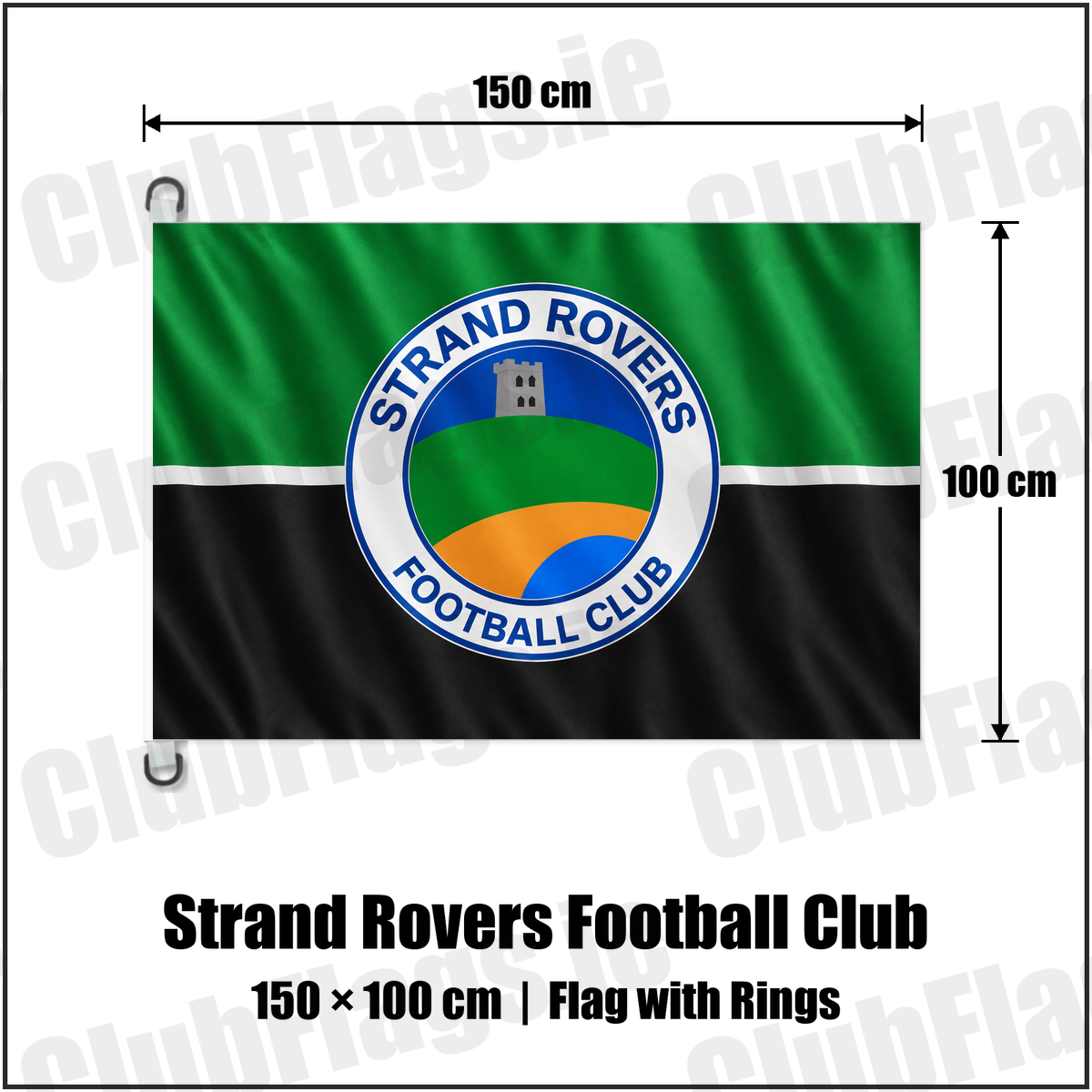 Strand Rovers Football Club 150cm x 100cm Flag Pole Flag with Rings with the club crest and colours, Donegal Football - ClubFlags.ie