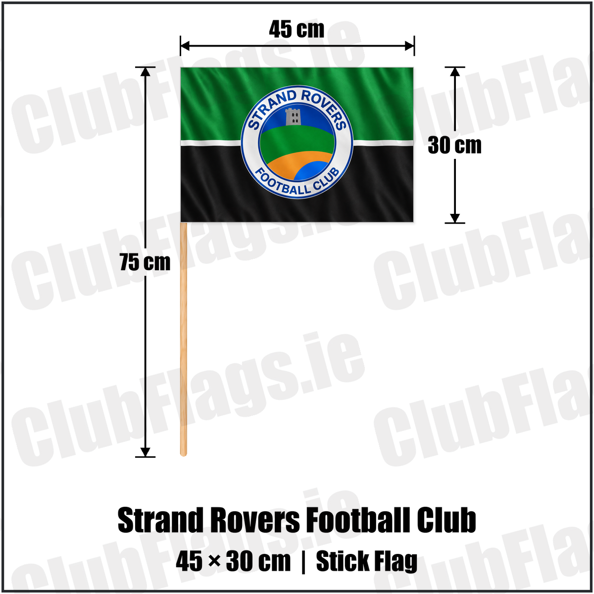 Strand Rovers Football Club 30cm x 45cm Stick Flag with the club crest and colours, Donegal Football - ClubFlags.ie