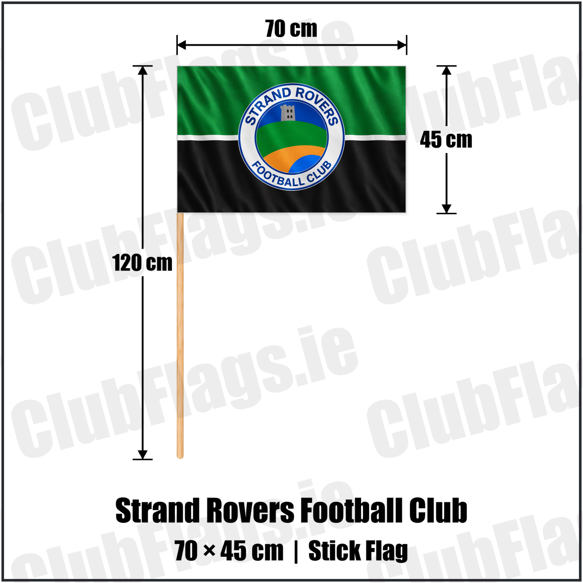 Strand Rovers Football Club 45cm x 70cm Stick Flag with the club crest and colours, Donegal Football - ClubFlags.ie