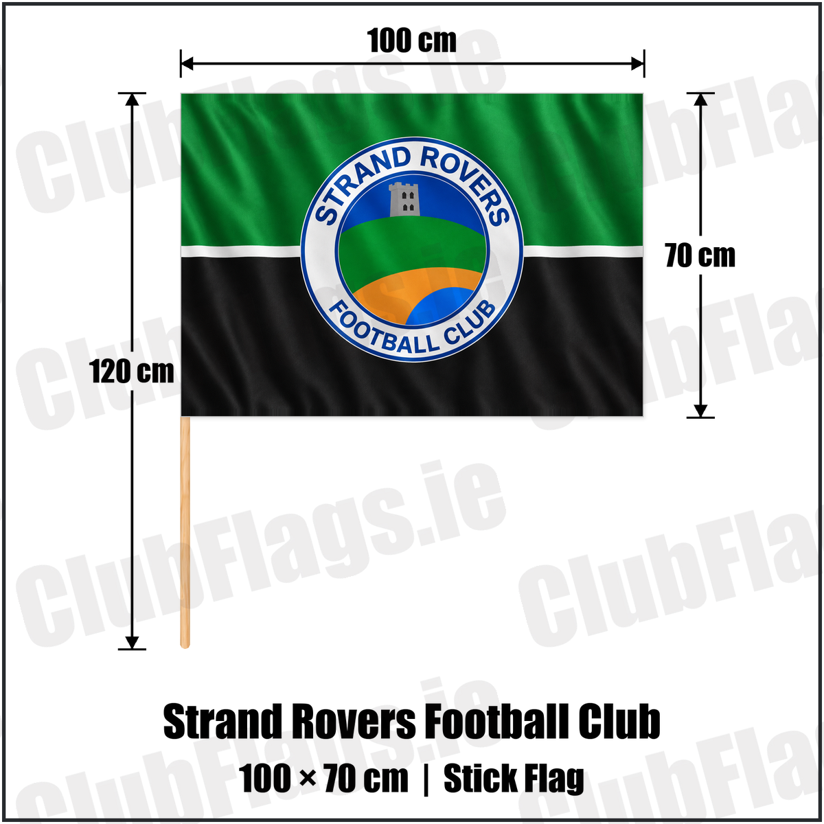 Strand Rovers Football Club 70cm x 100cm Stick Flag with the club crest and colours, Donegal Football - ClubFlags.ie