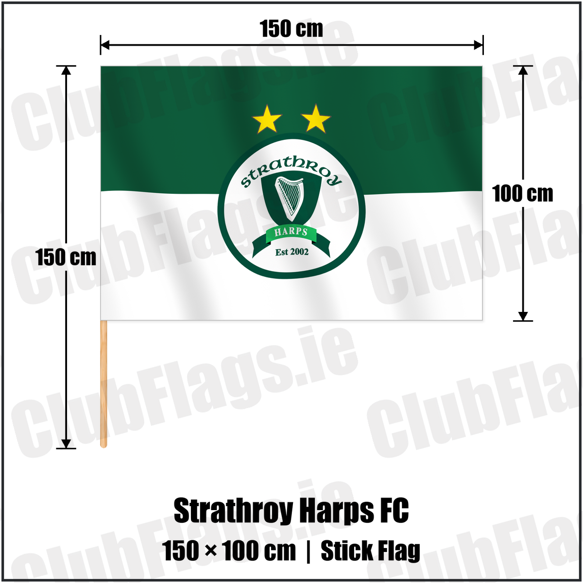 Strathroy Harps FC 100cm x 150cm Stick Flag with the verified club crest and colours, Tyrone Football - ClubFlags.ie