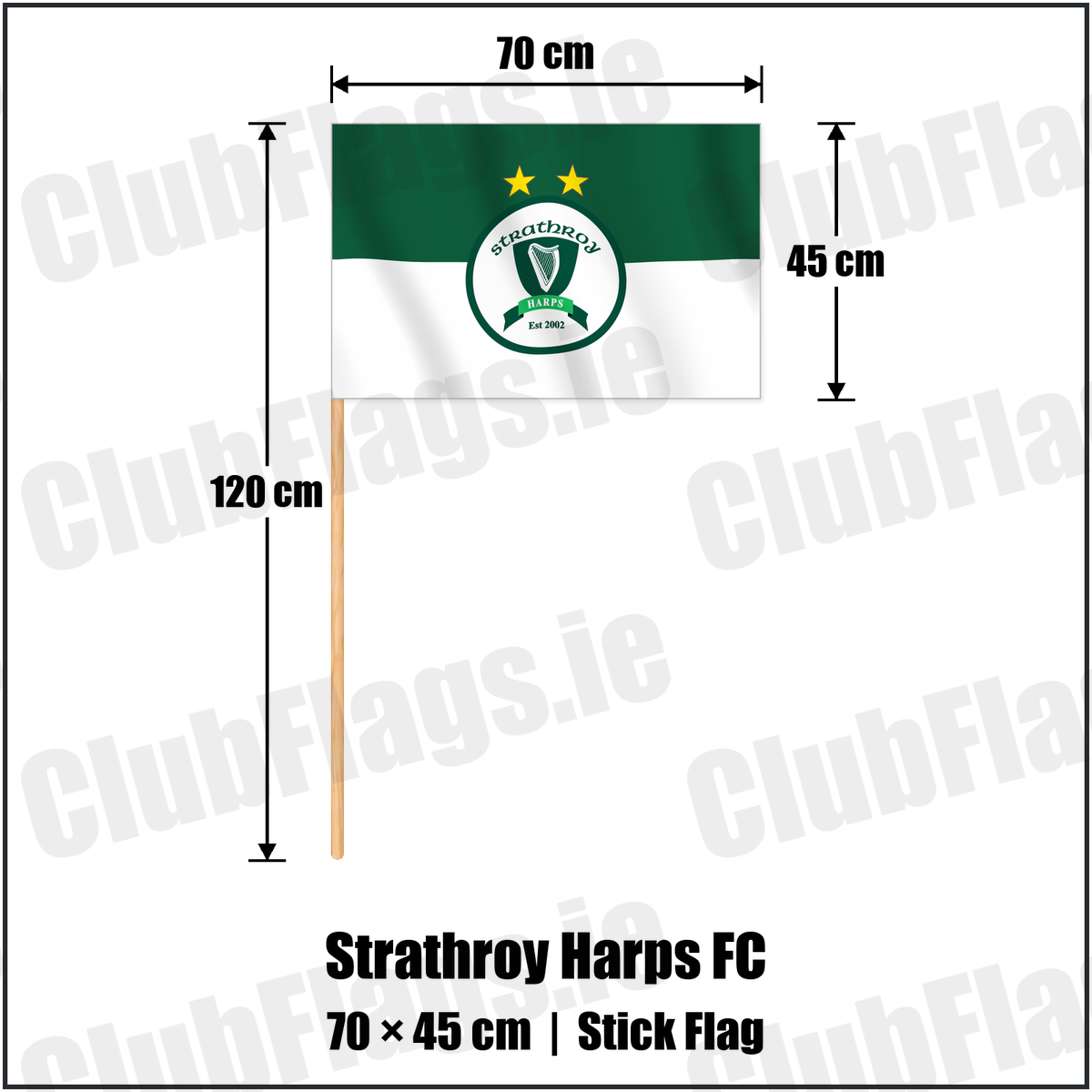 Strathroy Harps FC 45cm x 70cm Stick Flag with the verified club crest and colours, Tyrone Football - ClubFlags.ie