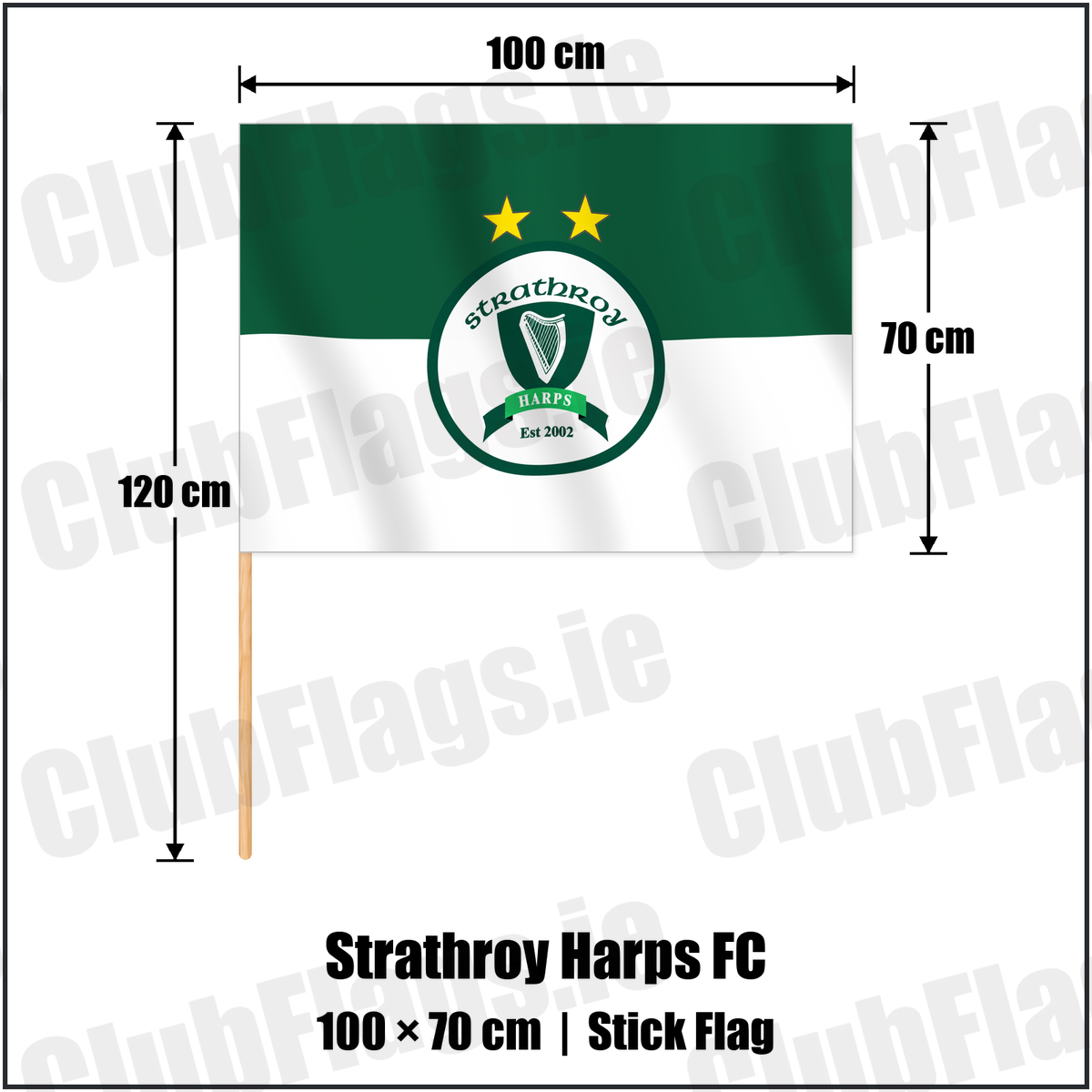 Strathroy Harps FC 70cm x 100cm Stick Flag with the verified club crest and colours, Tyrone Football - ClubFlags.ie