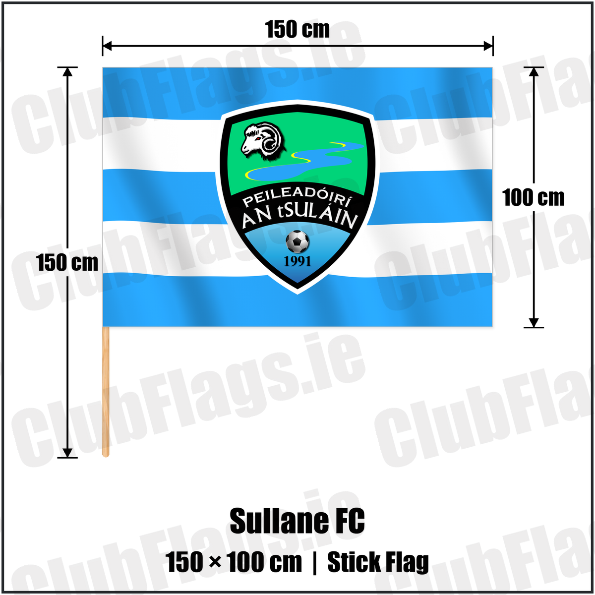 Sullane FC 100cm x 150cm Stick Flag with the club crest and colours, Cork Football - ClubFlags.ie