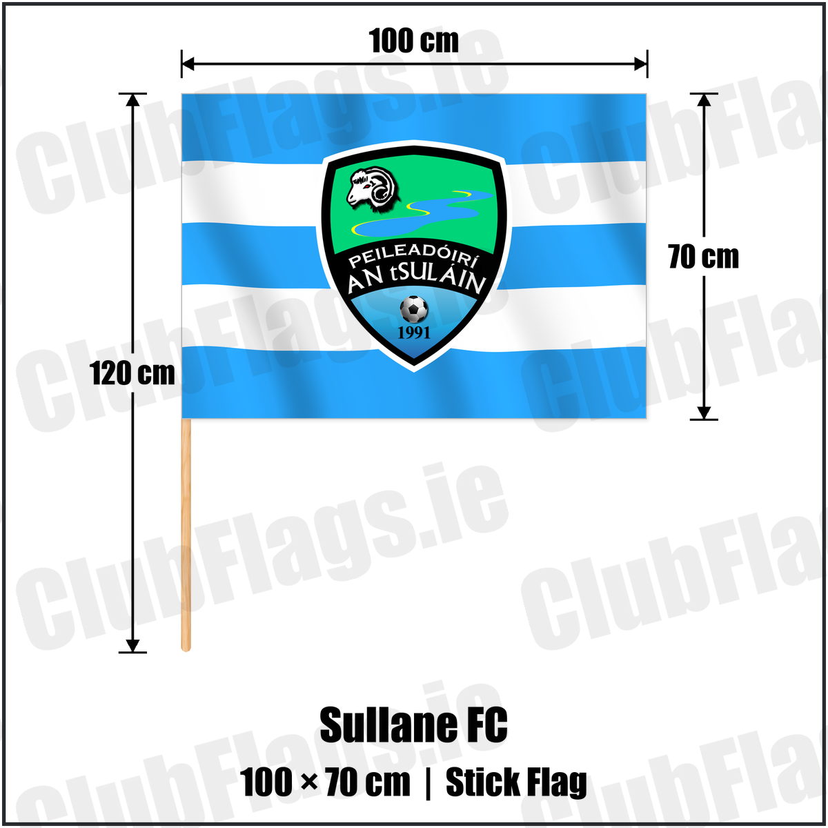 Sullane FC 70cm x 100cm Stick Flag with the club crest and colours, Cork Football - ClubFlags.ie
