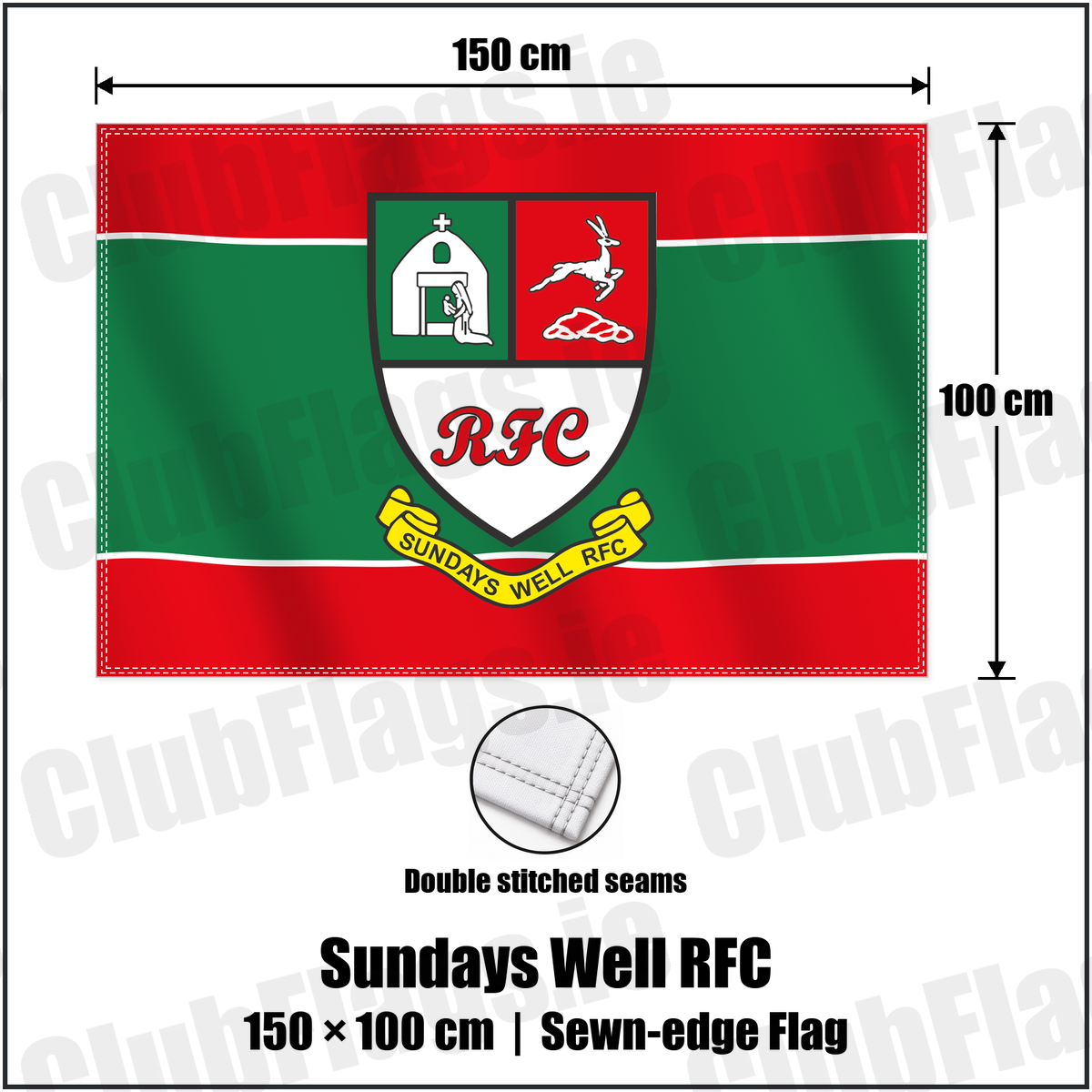 Sundays Well RFC 100cm x 150cm Flag (sewn on the edges) with the club crest and colours, Cork Rugby - ClubFlags.ie