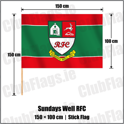 Sundays Well RFC 100cm x 150cm Stick Flag with the club crest and colours, Cork Rugby - ClubFlags.ie