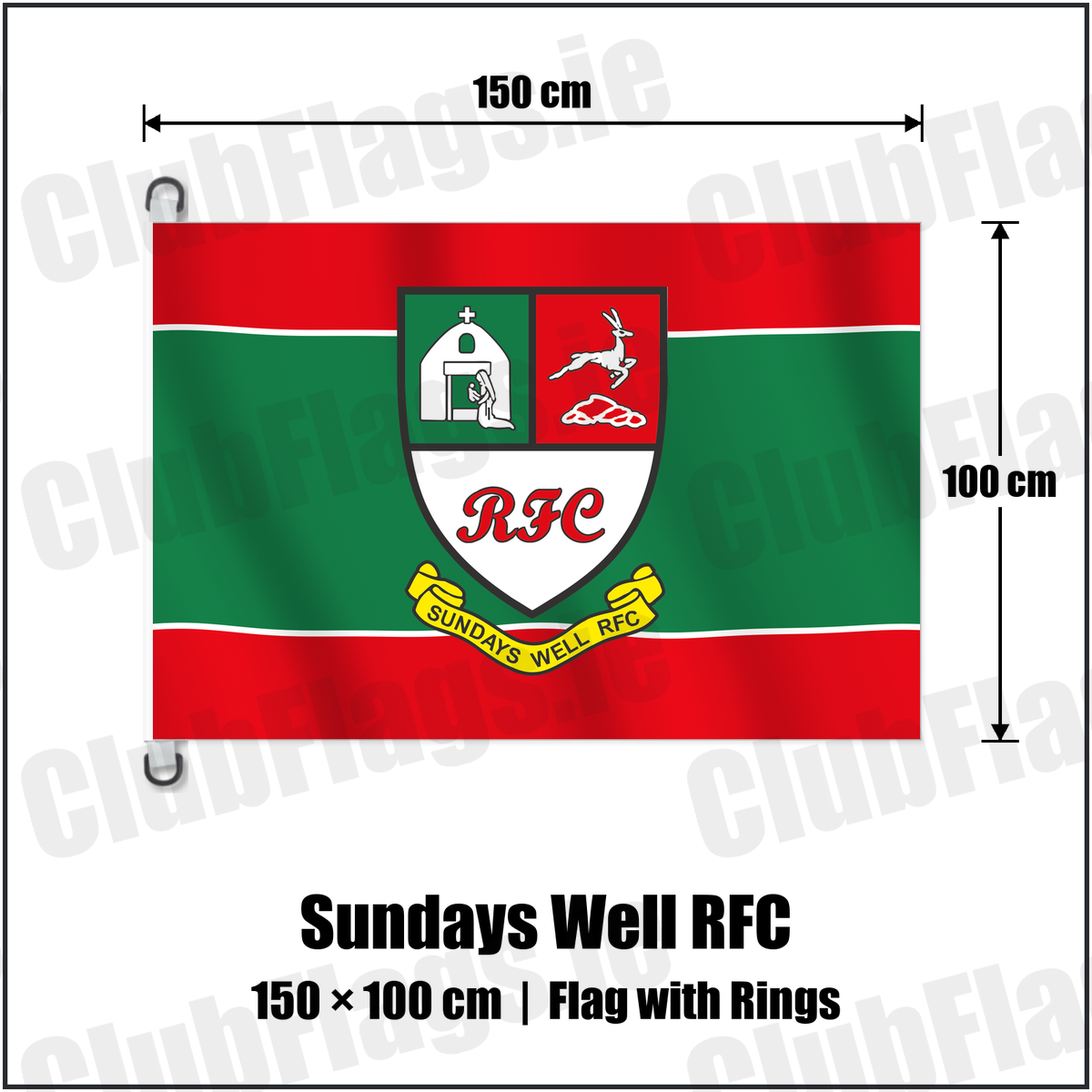 Sundays Well RFC 150cm x 100cm Flag Pole Flag with Rings with the club crest and colours, Cork Rugby - ClubFlags.ie