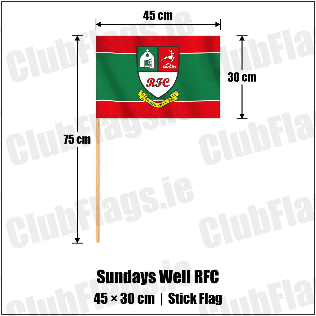 Sundays Well RFC 30cm x 45cm Stick Flag with the club crest and colours, Cork Rugby - ClubFlags.ie