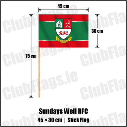 Sundays Well RFC 30cm x 45cm Stick Flag with the club crest and colours, Cork Rugby - ClubFlags.ie