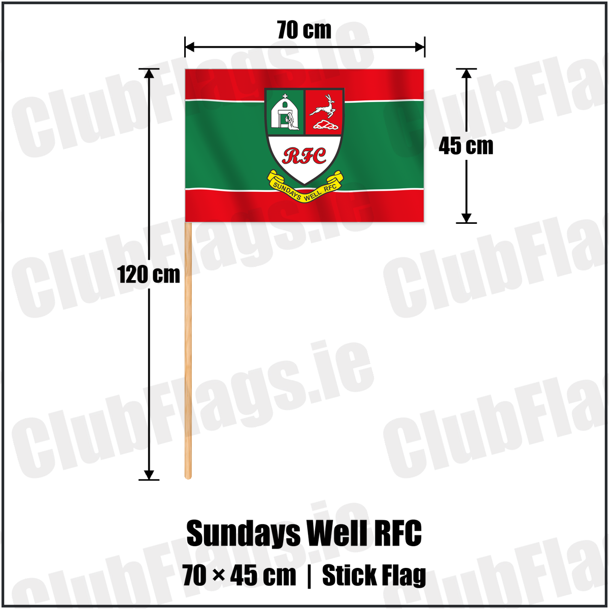 Sundays Well RFC 45cm x 70cm Stick Flag with the club crest and colours, Cork Rugby - ClubFlags.ie