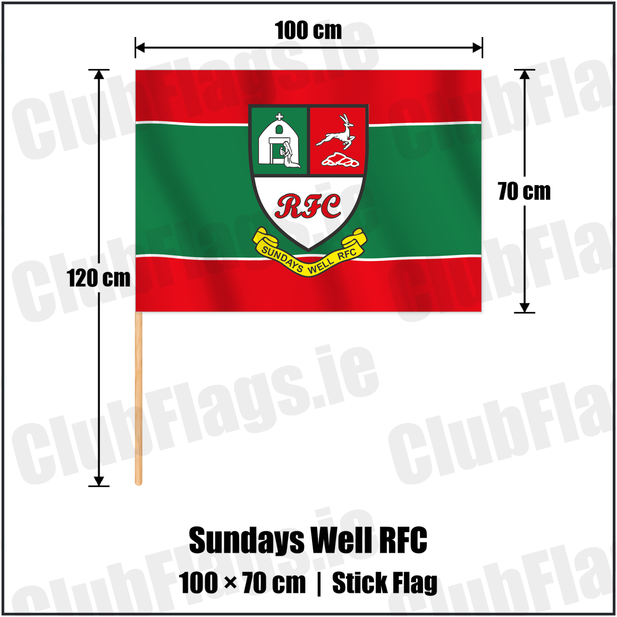 Sundays Well RFC 70cm x 100cm Stick Flag with the club crest and colours, Cork Rugby - ClubFlags.ie