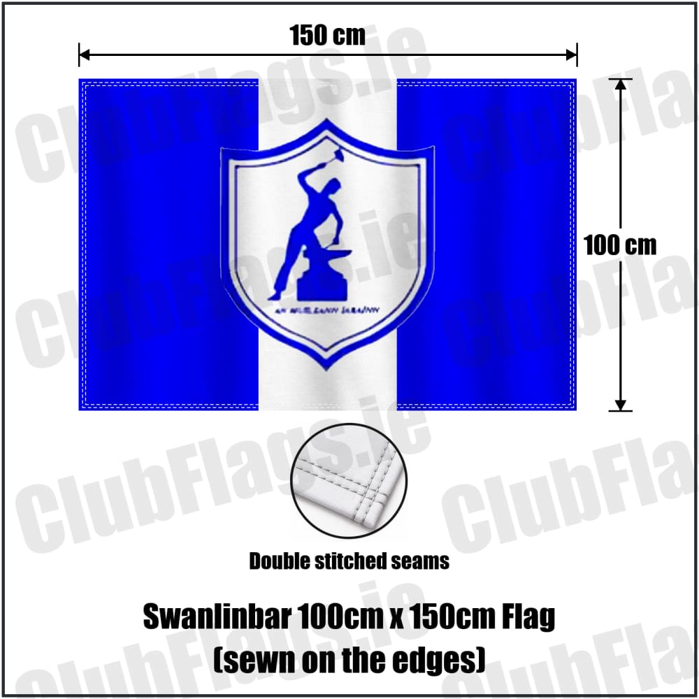 Swanlinbar 100cm x 150cm Flag (sewn on the edges) in blue and white, featuring the club crest on realistic fabric with gentle vertical folds; County Cavan GAA. ClubFlags.ie.