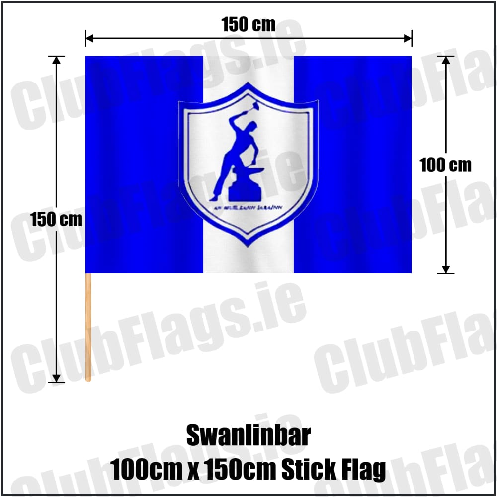 Swanlinbar 100cm x 150cm Stick Flag in blue and white, featuring the club crest on realistic fabric with gentle vertical folds; County Cavan GAA. ClubFlags.ie.