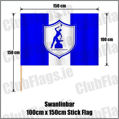Swanlinbar 100cm x 150cm Stick Flag in blue and white, featuring the club crest on realistic fabric with gentle vertical folds; County Cavan GAA. ClubFlags.ie.