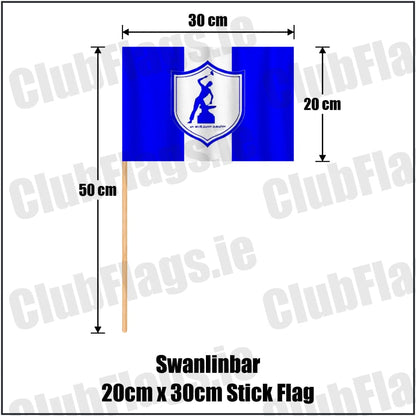 Swanlinbar 20cm x 30cm Stick Flag in blue and white, featuring the club crest on realistic fabric with gentle vertical folds; County Cavan GAA. ClubFlags.ie.