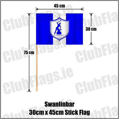 Swanlinbar 30cm x 45cm Stick Flag in blue and white, featuring the club crest on realistic fabric with gentle vertical folds; County Cavan GAA. ClubFlags.ie.