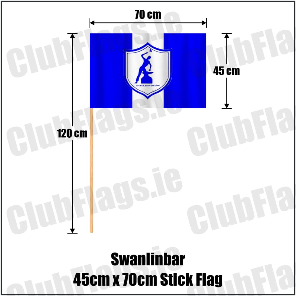 Swanlinbar 45cm x 70cm Stick Flag in blue and white, featuring the club crest on realistic fabric with gentle vertical folds; County Cavan GAA. ClubFlags.ie.
