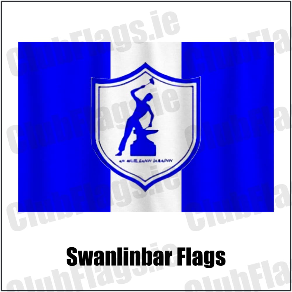 Swanlinbar Flags in blue and white, featuring the club crest on realistic fabric with gentle vertical folds; County Cavan GAA. ClubFlags.ie.