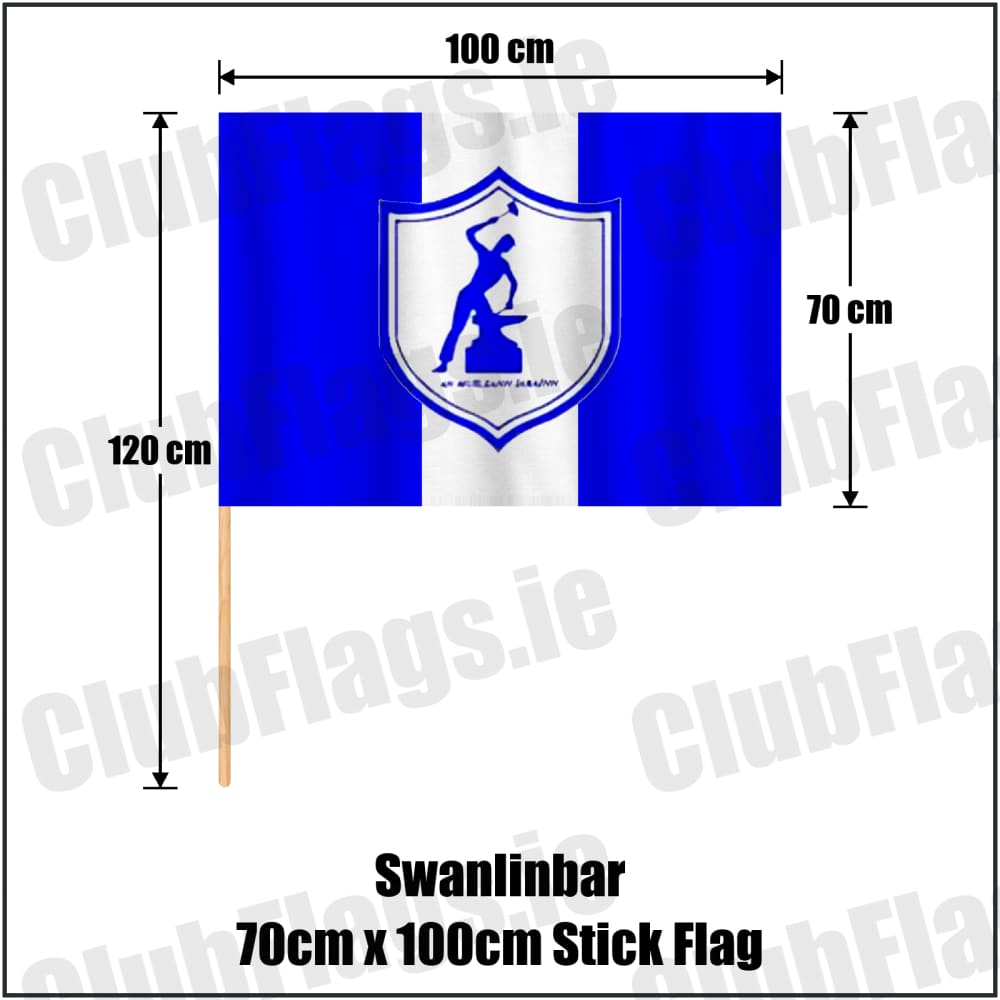 Swanlinbar 70cm x 100cm Stick Flag in blue and white, featuring the club crest on realistic fabric with gentle vertical folds; County Cavan GAA. ClubFlags.ie.