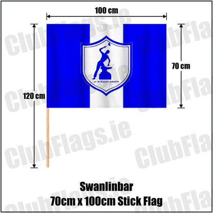 Swanlinbar 70cm x 100cm Stick Flag in blue and white, featuring the club crest on realistic fabric with gentle vertical folds; County Cavan GAA. ClubFlags.ie.