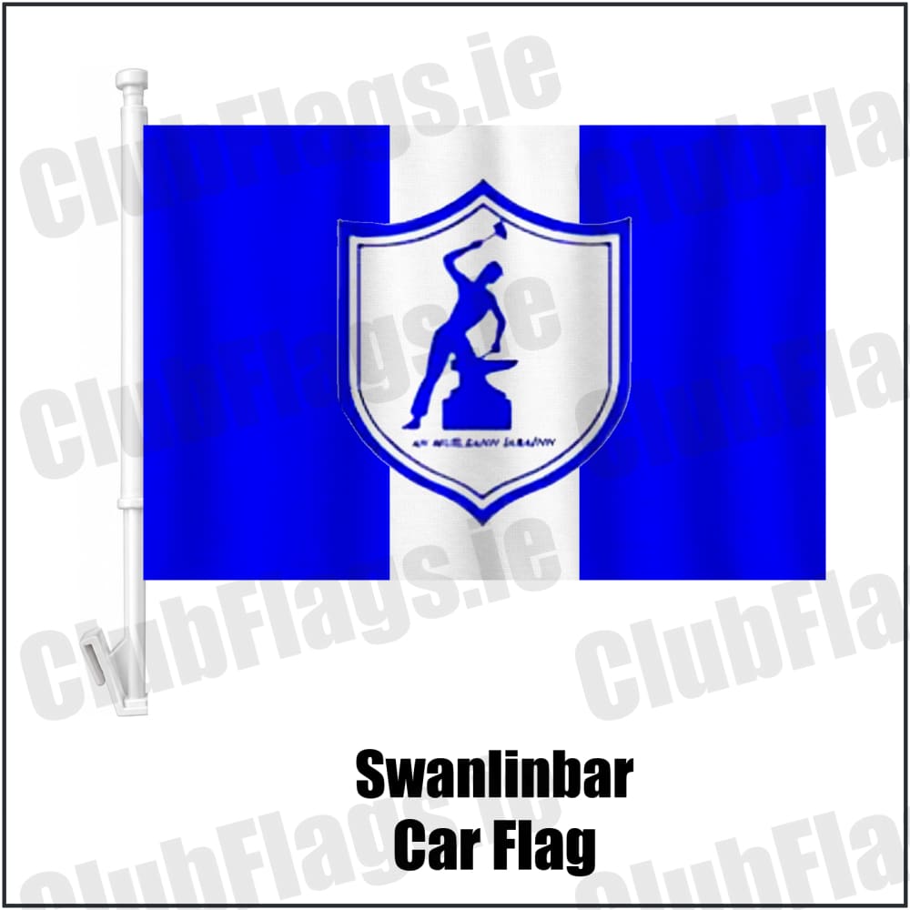 Swanlinbar Car Flag in blue and white, featuring the club crest on realistic fabric with gentle vertical folds; County Cavan GAA. ClubFlags.ie.